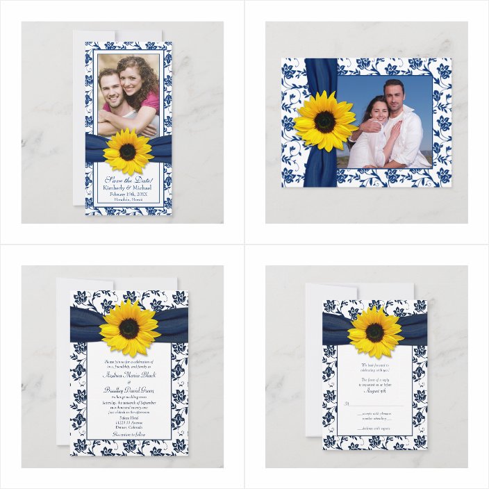 Navy Blue Damask Sunflower Wedding Invitations - matching accessories