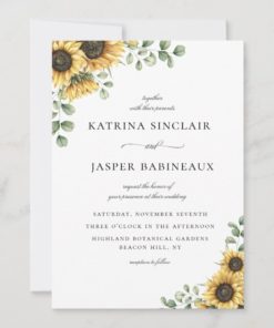 Navy Blue Rustic Sunflower Eucalyptus Wedding Invitations