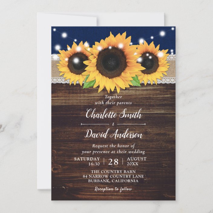 Navy Blue Rustic Wood Burlap and Lace Sunflower Wedding Invitations