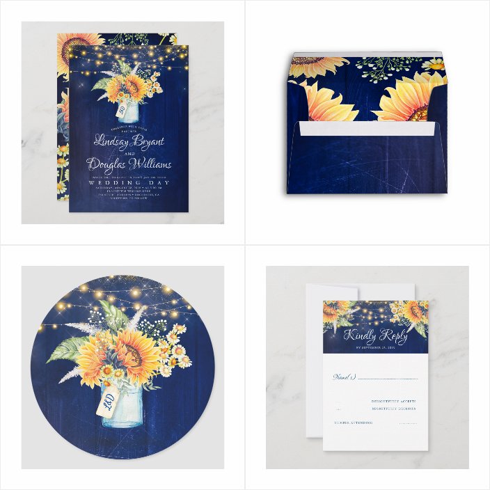 Navy Blue Sunflower Rustic Wedding Invitations - matching accessories