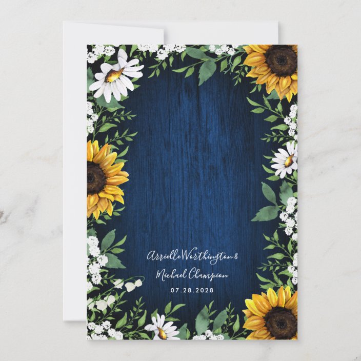 Navy Blue Sunflower Rustic Wedding Invitations - back
