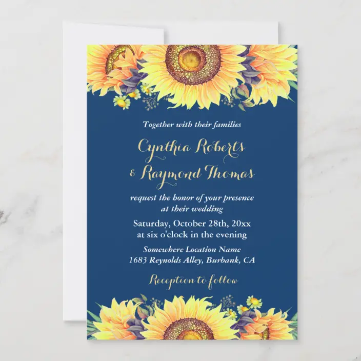 Navy Blue Sunflowers Rustic Romantic Wedding Invitations