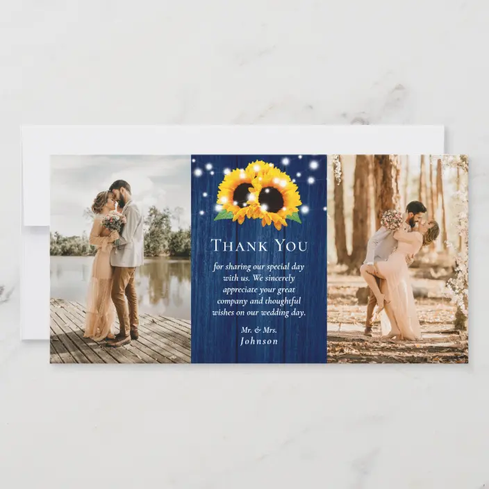 Navy Blue Wood Lace Sunflower Thank You Photo Card