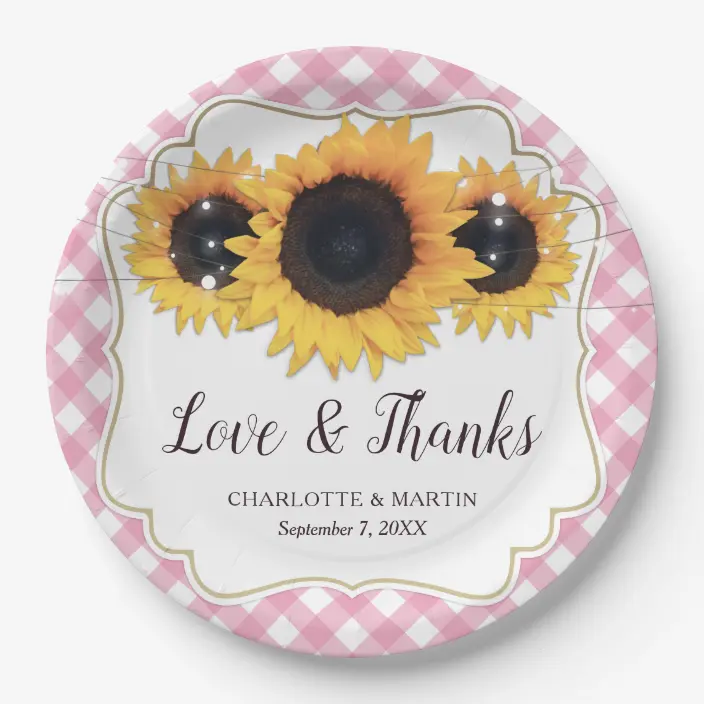 Pink Gingham Sunflower Love and Thanks Wedding Paper Plates
