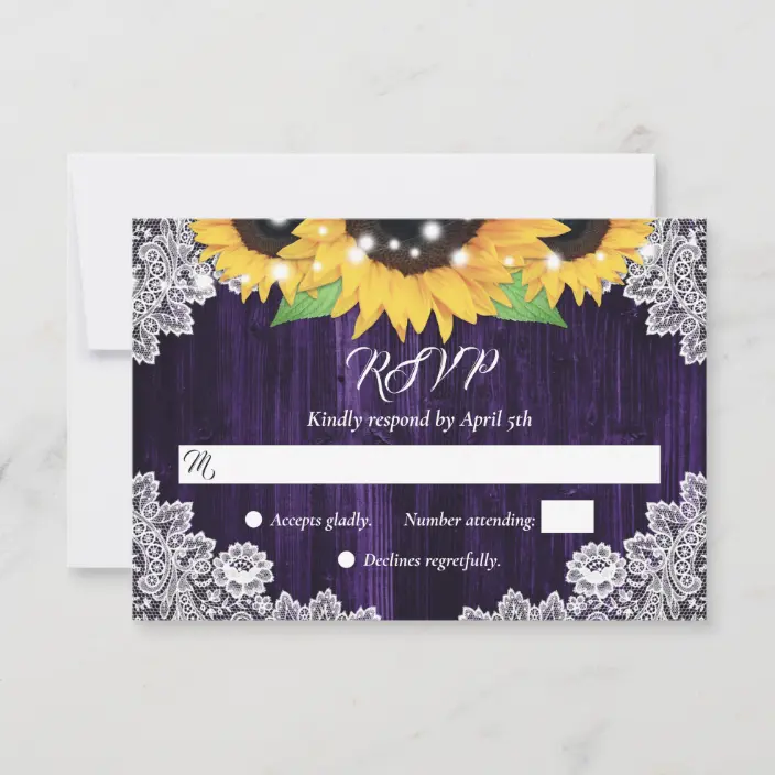 Purple Wood Lace Sunflower Wedding RSVP Cards
