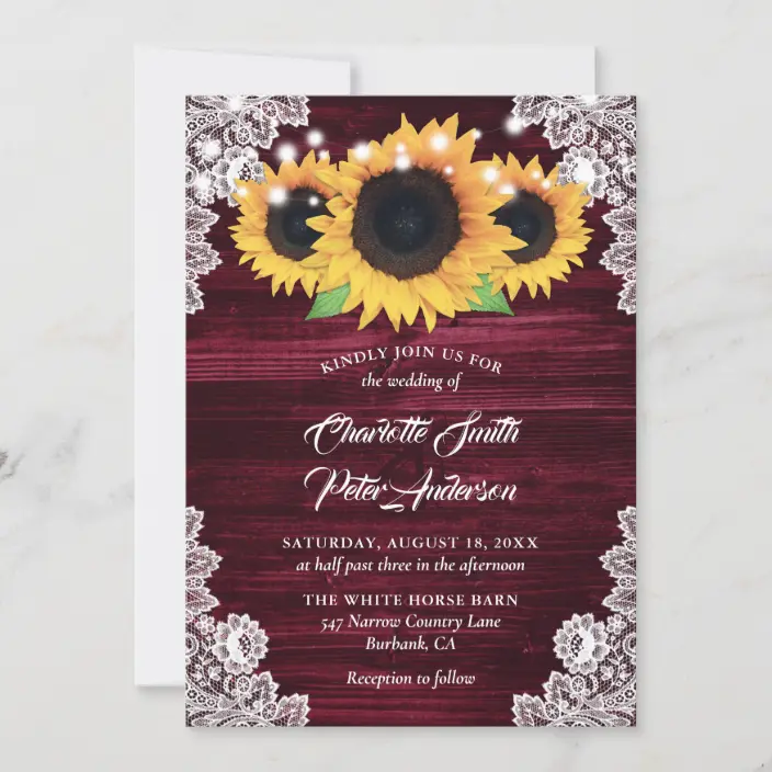 Rustic Burgundy Burlap Lace Sunflower Wedding Invitations