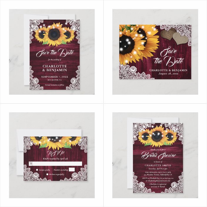 Rustic Burgundy Burlap Lace Sunflower Wedding Invitations - matching accessories
