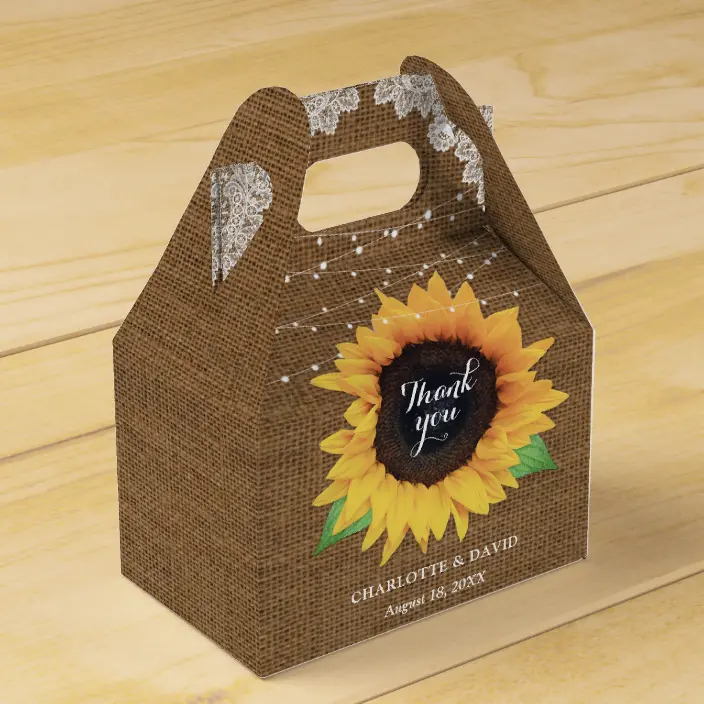 Rustic Burlap Lace String Lights Sunflower Wedding Favor Box