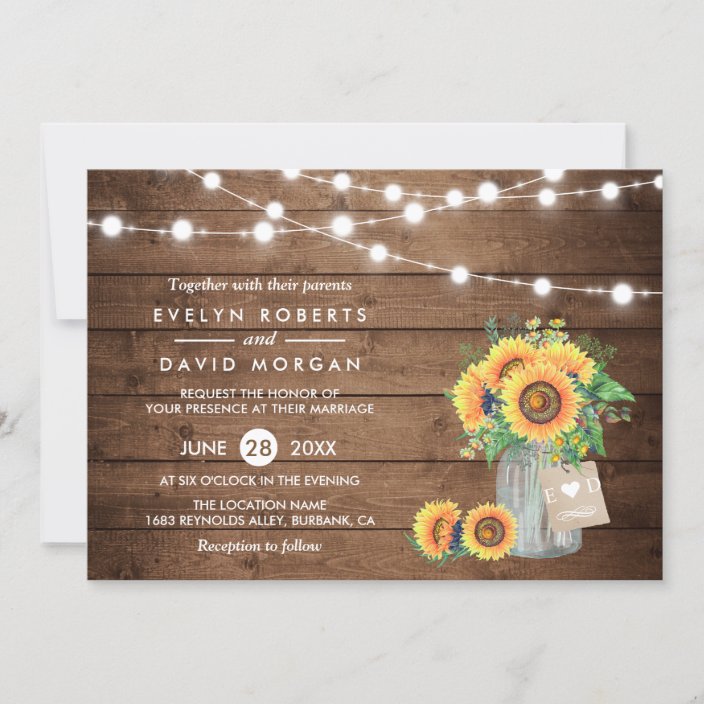 Rustic Country Barn Lights Sunflowers Wedding Invitations