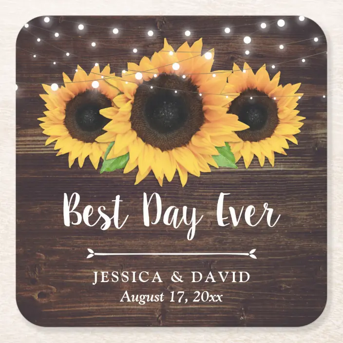 Rustic Country Wood Sunflower Wedding Square Paper Coaster