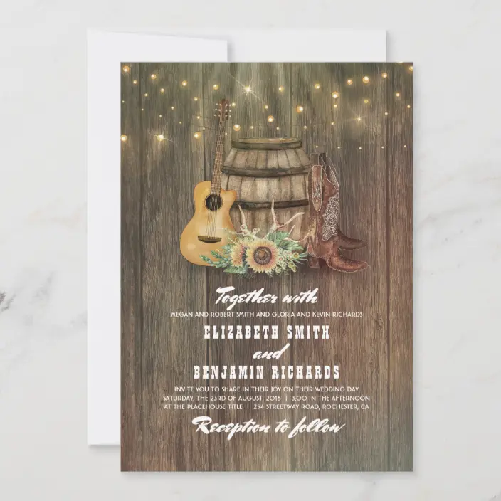 Rustic Cowboy Boots Sunflower Wine Barrel Wedding Invitations