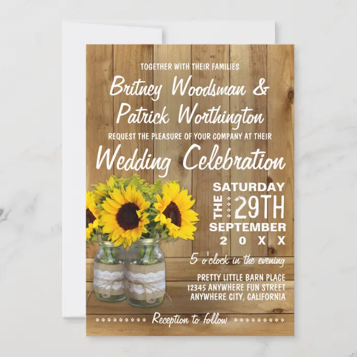 Rustic Mason Jar Burlap Lace Wood Sunflower Wedding Invitations