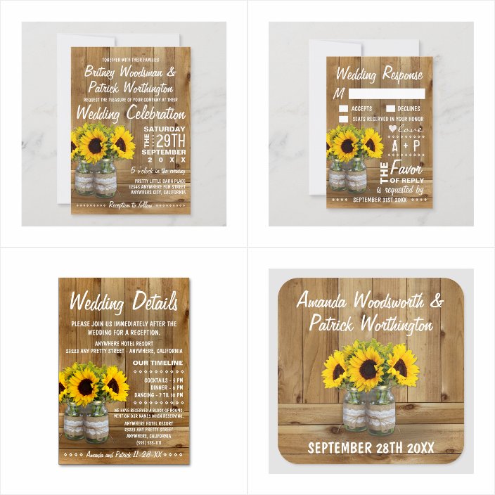 Rustic Mason Jar Burlap Lace Wood Sunflower Wedding Invitations - matching accessories