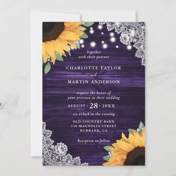 Rustic Purple Wood Lace Sunflower Wedding Invitations