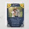 Rustic Sunflower Floral Navy Blue Wood Lights Photo Invitations