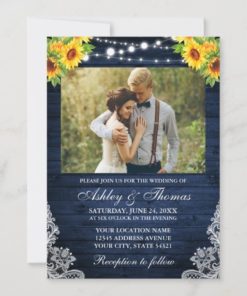 Rustic Sunflower Floral Navy Blue Wood Lights Photo Invitations