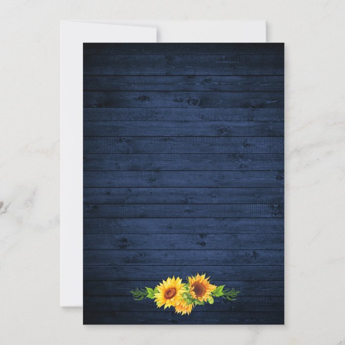 Rustic Sunflower Floral Navy Blue Wood Lights Photo Invitations - back