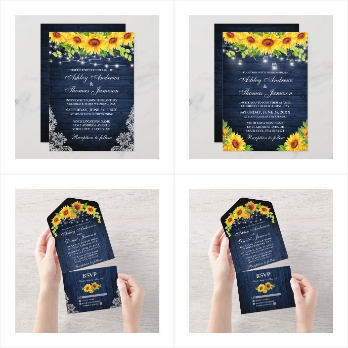 Rustic Sunflower Floral Navy Blue Wood Lights Photo Invitations - matching accessories
