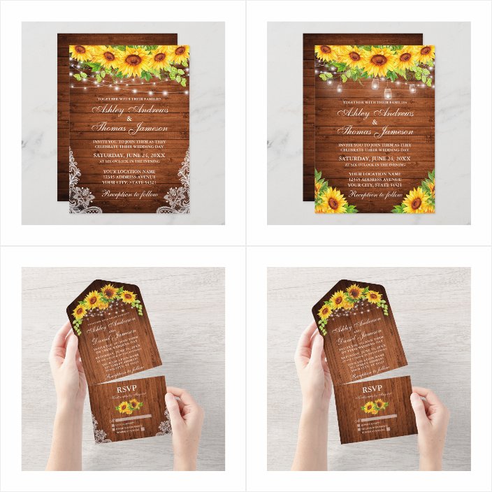 Rustic Sunflower Floral Wood Mason Jar Lights Lace Invitations - matching accessories