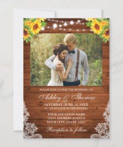 Rustic Sunflower Floral Wood String Lights Photo Wedding Invitations