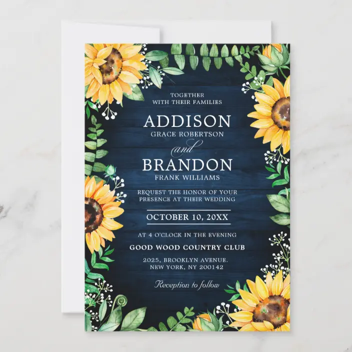 Rustic Sunflowers Baby's Breath Navy Blue Wedding Invitations