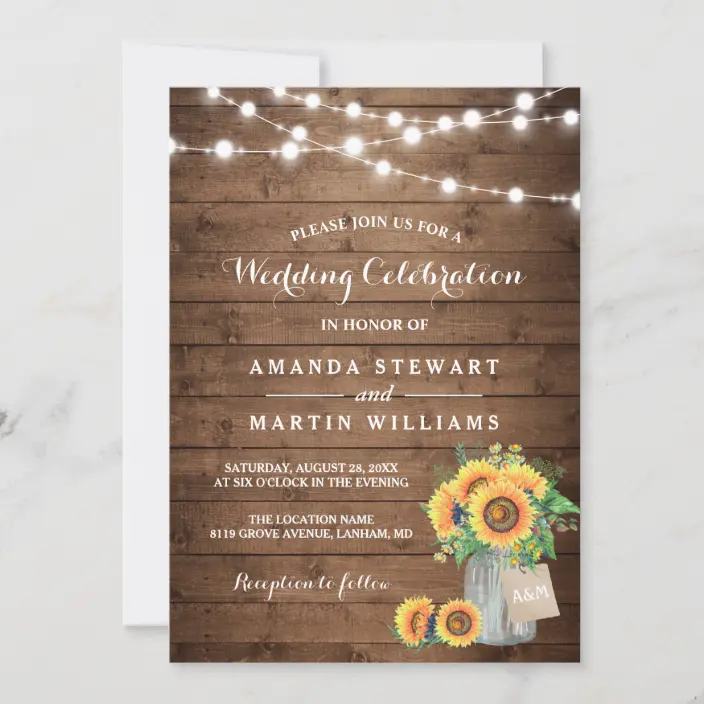 Rustic Sunflowers Mason Jar String Lights Wedding Invitations