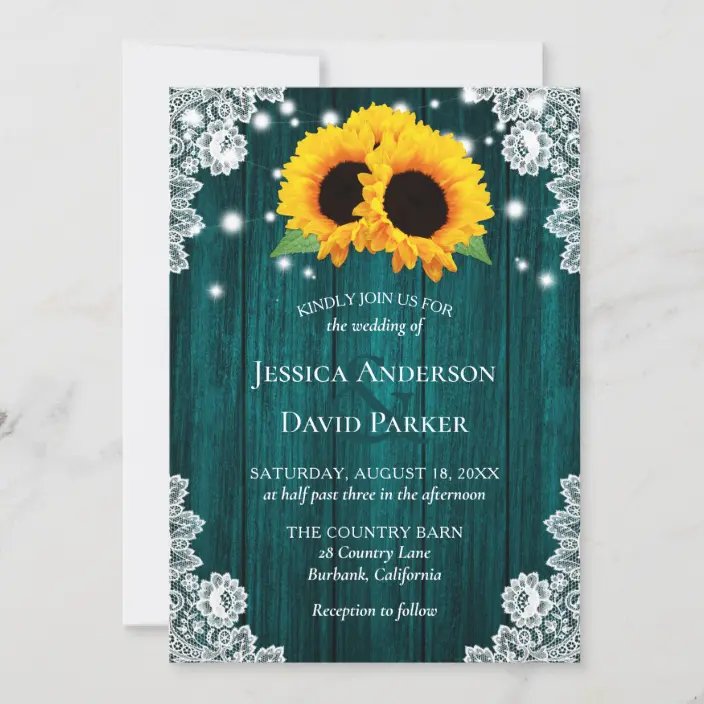 Rustic Teal Wood Lace Sunflower Wedding Invitations