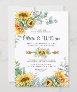 Rustic Watercolor Sunflower Eucalyptus Greenery Wedding Invitations
