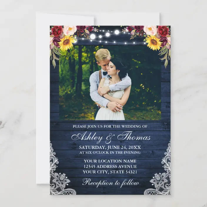 Rustic Wedding Floral Navy Blue Wood Lights Lace Photo Invitations