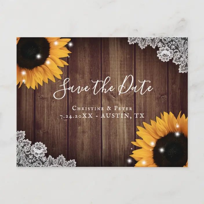 Rustic Wood Lace Sunflower Save The Date Postcards