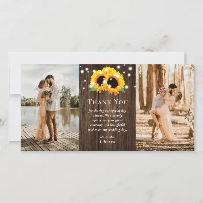Rustic Wood Lace Sunflower Thank You Photo Cards
