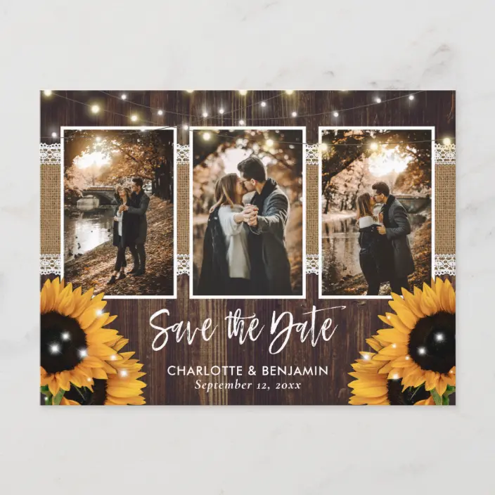 Rustic Wood Lights Sunflower 3 Photo Save The Date Announcement Postcard