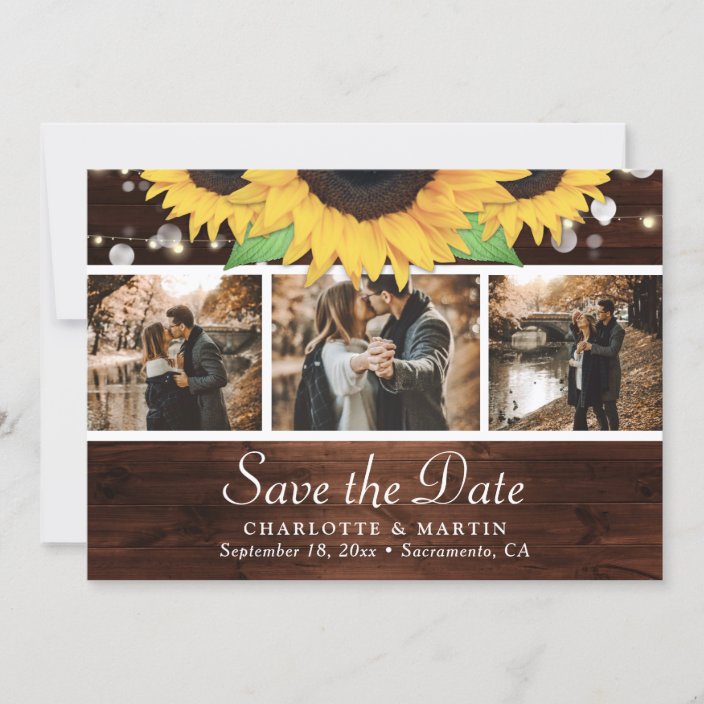Rustic Wood Sunflower Lights Wedding Photo Collage Save The Date