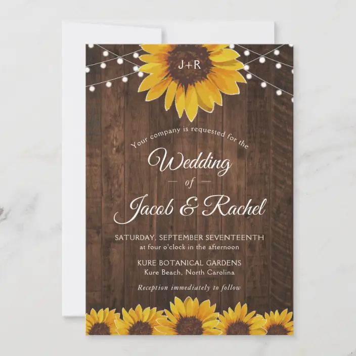 Rustic Wood Sunflower String Lights Wedding Invitations