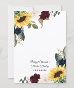 Sunflower Burgundy Red and Navy Blue Roses Watercolor Wedding Invitations - back