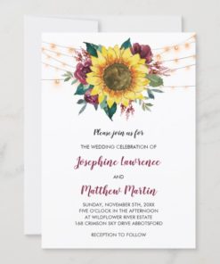 Sunflower Burgundy Rose Floral Lights Wedding Invitations