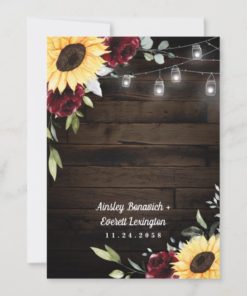 Sunflower Burgundy Rose Mason Jar Themed Wedding Invitations - back