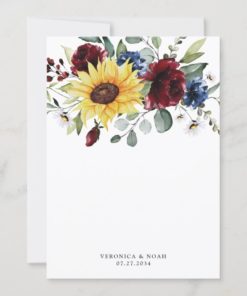 Sunflower Burgundy Roses Navy Blue Rustic Wedding Invitations - back