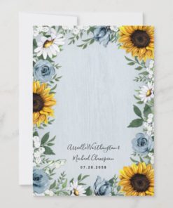 Sunflower Dusty Blue Country Rustic Roses Wedding Invitations - back
