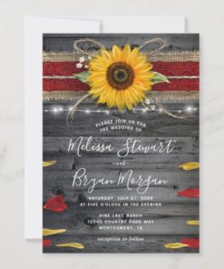 Sunflower Rose Burgundy Lace Rustic Wood Wedding Invitations