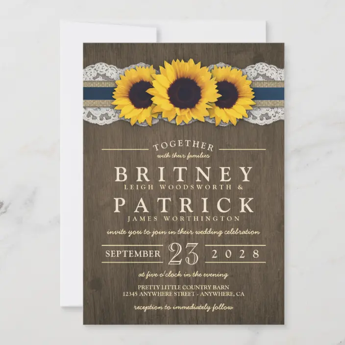 Sunflower Rustic Navy Blue Burlap Wedding Invitations