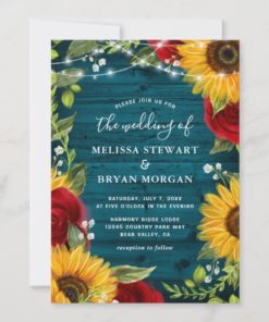 Sunflower Teal Burgundy Rose Rustic Wood Wedding Invitations