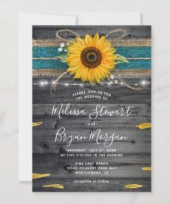 Sunflower Teal Burlap Lace Rustic Wood Wedding Invitations
