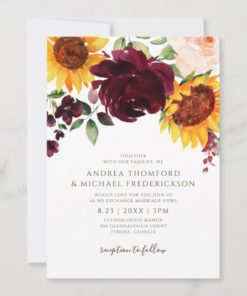 Sunflower and Roses Burgundy Red Fall Wedding Invitations