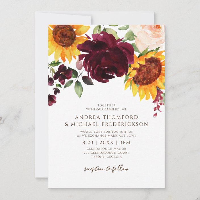 Sunflower and Roses Burgundy Red Fall Wedding Invitations