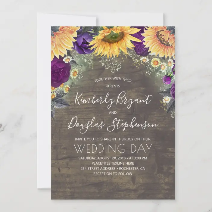 Sunflowers Purple Roses Daisies Rustic Wedding Invitations