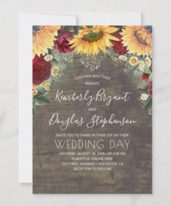 Sunflowers Red Roses Daisies Rustic Wedding Invitations