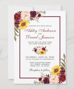 Watercolor Sunflower Floral Wedding Burgundy Invitations