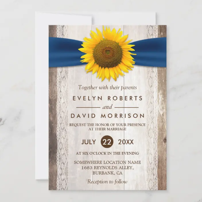 Wedding Lace Rustic Barn Wood Sunflower Ribbon Invitations
