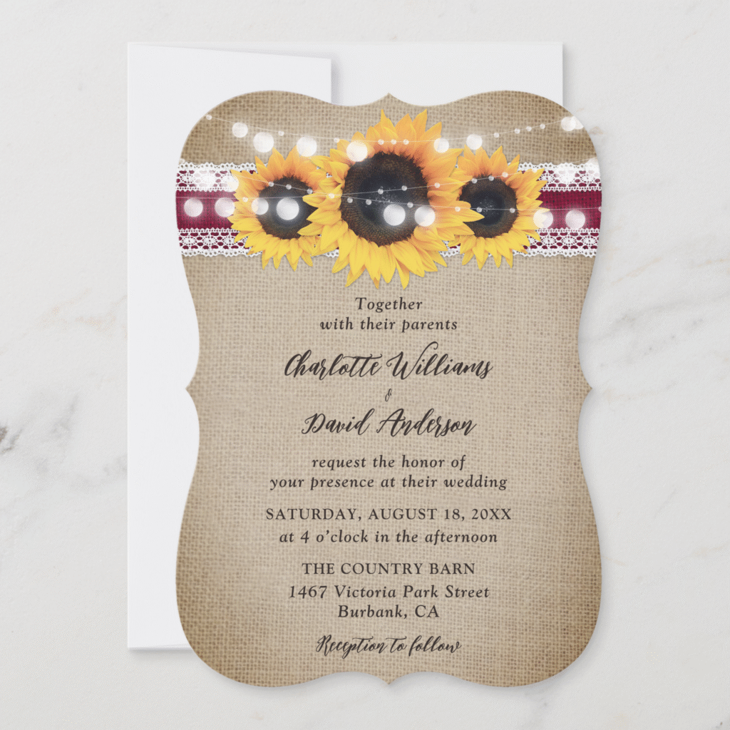Burgundy Sunflower Vintage Burlap Lace Wedding Invitation (Front)